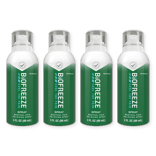 Four bottles of Biofreeze Pain Relief Spray, 3 fl oz each, on a white background