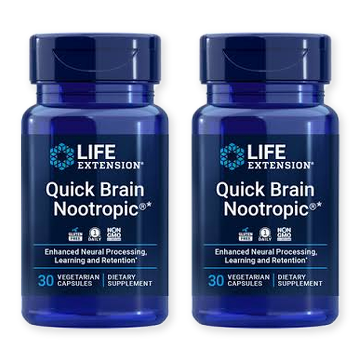 Two bottles of Life Extension Quick Brain Nootropic, 30 vegetarian capsules each, on a white background