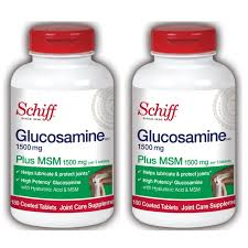 Two bottles of Schiff Glucosamine 1500 mg Plus MSM, 150 coated tablets each