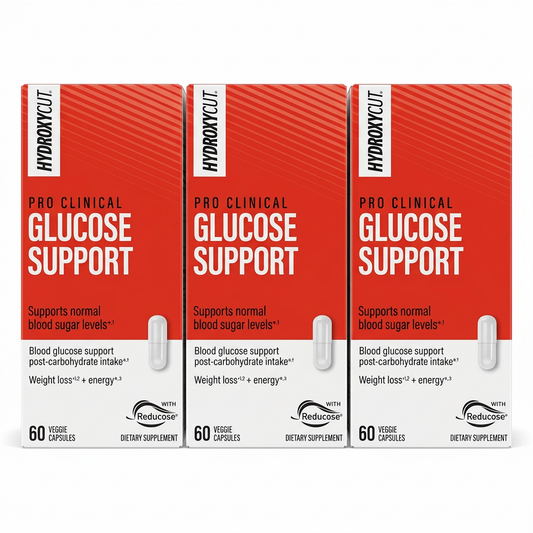 Three boxes of Hydroxycut Pro Clinical Glucose Support, 60 capsules each, on a white background