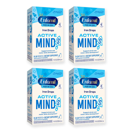 Four boxes of Enfamil Fer-In-Sol Iron Drops Active Minds, 50 mL bottles, on a white background