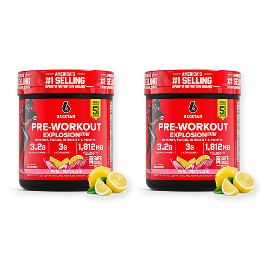 Two tubs of Six Star Pre-Workout Explosion in Pink Lemonade, 30 servings each, on a white background