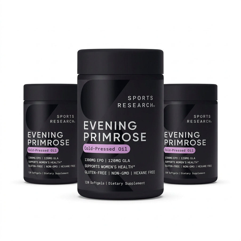 Three bottles of Sports Research Evening Primrose Oil on a white background