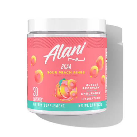 Sealed tub of Alani Nu BCAA essential workout supplement in Sour Peach Rings, 8.8 oz