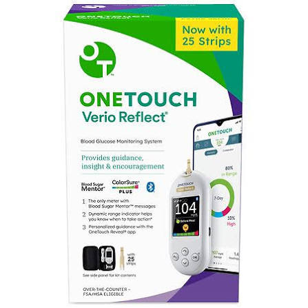 OneTouch Verio Reflect Blood Glucose Monitoring System box labeled with 25 strips on a white background
