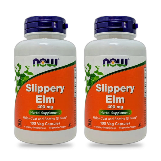 Two bottles of NOW Foods Slippery Elm 400 mg, 100 veg capsules each