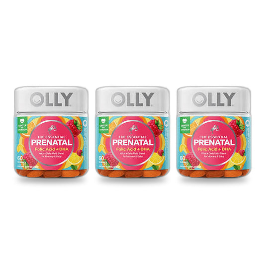 Three containers of OLLY The Essential Prenatal Folic Acid and DHA gummies on a white background, 60 gummies each