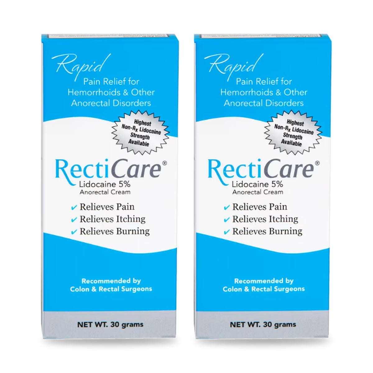 Two boxes of RectiCare lidocaine 5% anorectal cream, 30 grams each, on a white background