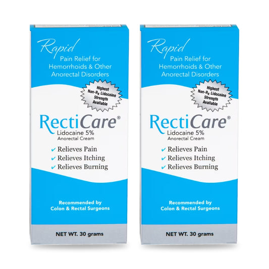 Two boxes of RectiCare lidocaine 5% anorectal cream, 30 grams each, on a white background