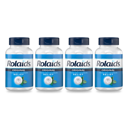 Four bottles of Rolaids Original Mint antacid chewable tablets on a white background