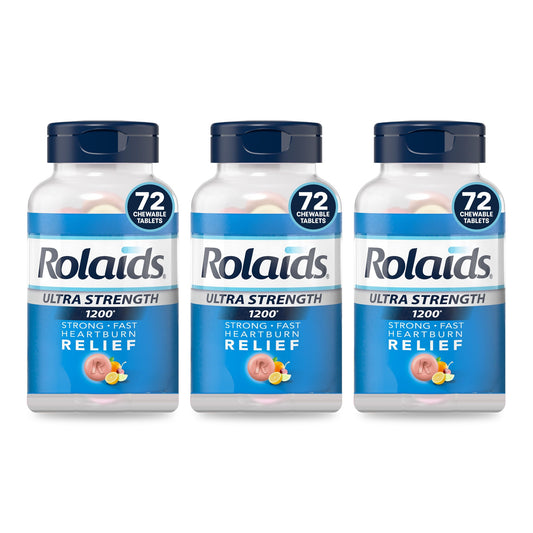 Three bottles of Rolaids Ultra Strength Fruit chewable antacid tablets on a white background, 72 tablets each