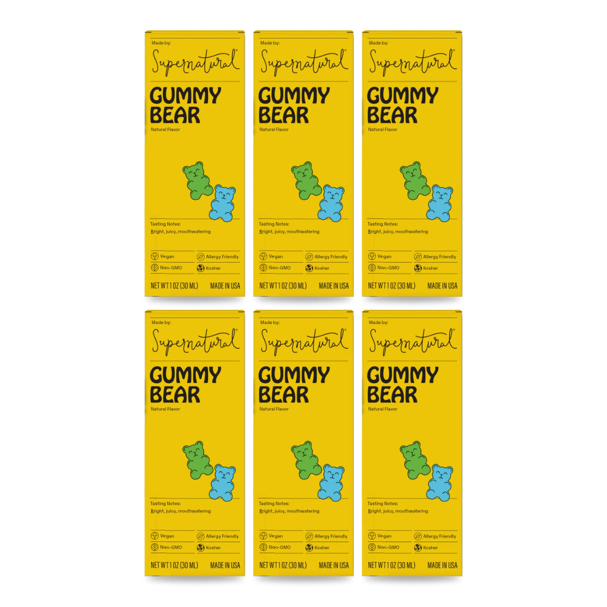 Six yellow boxes of Supernatural Gummy Bear flavor drops on a white background