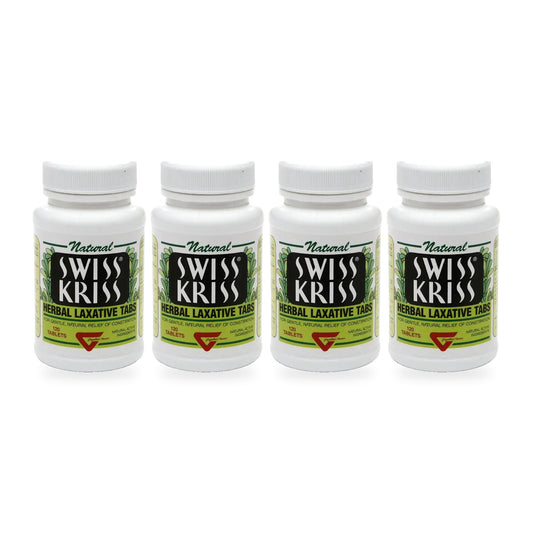 Four bottles of Swiss Kriss Herbal Laxative, 120 tablets each, on a white background